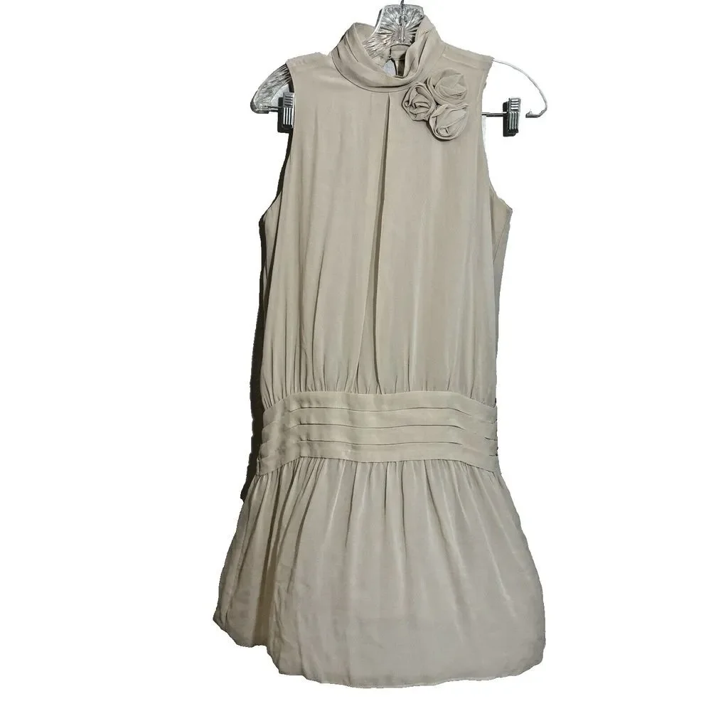 Zara Women's Size Small Silk Dress Mock Neck Nude Rosette Medium - Picture 1 of 4